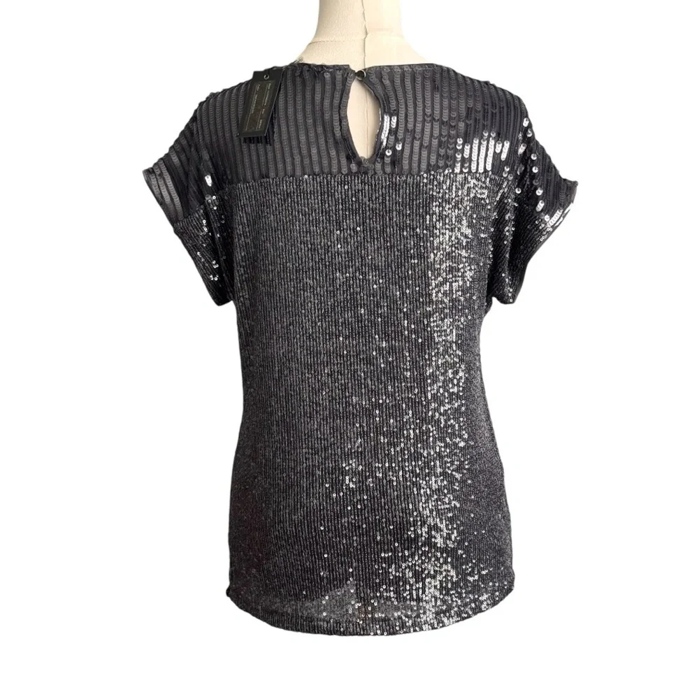 NWT Cable & Gauge Black/Gray Sequin Short Sleeve Lined Top Size Small-P - Picture 2 of 11